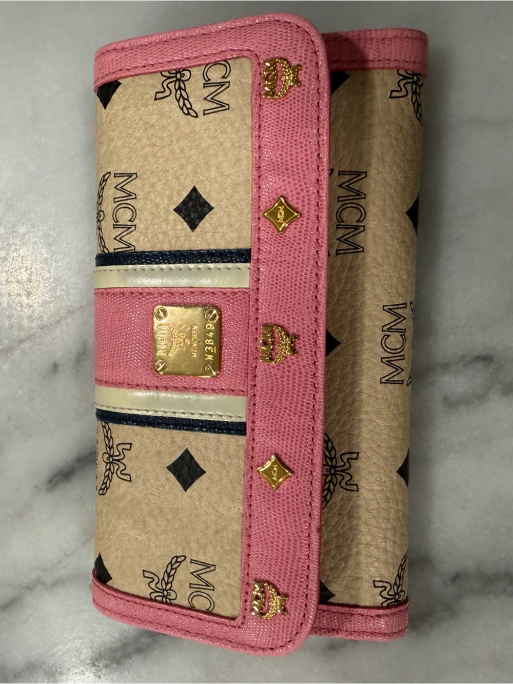 MCM Beige Visetos Wallet with Pink Trim and Gold Hardware